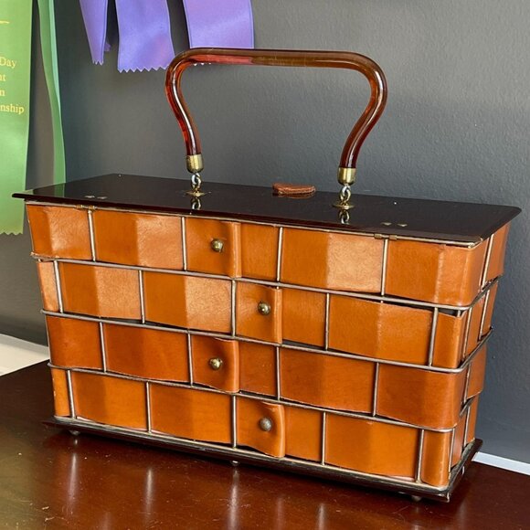 Vintage Dorset-Rex Fifth Ave Woven Leather Basket Lucite Box Purse Handbag MCM - Picture 5 of 10